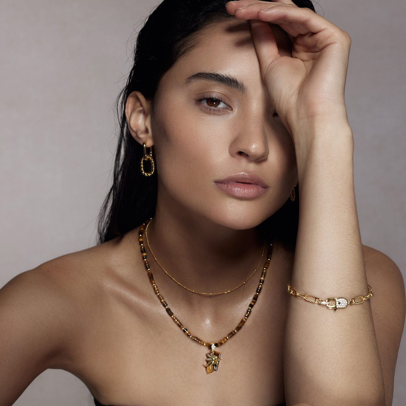Cassie Tiger's Eye Necklace worn on model collarbone - FREQNC