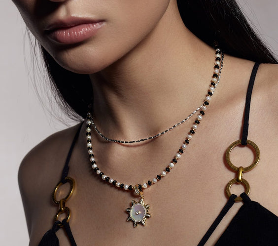 Argento Wishful Silver Necklace on model close-up styling - FREQNC atelier