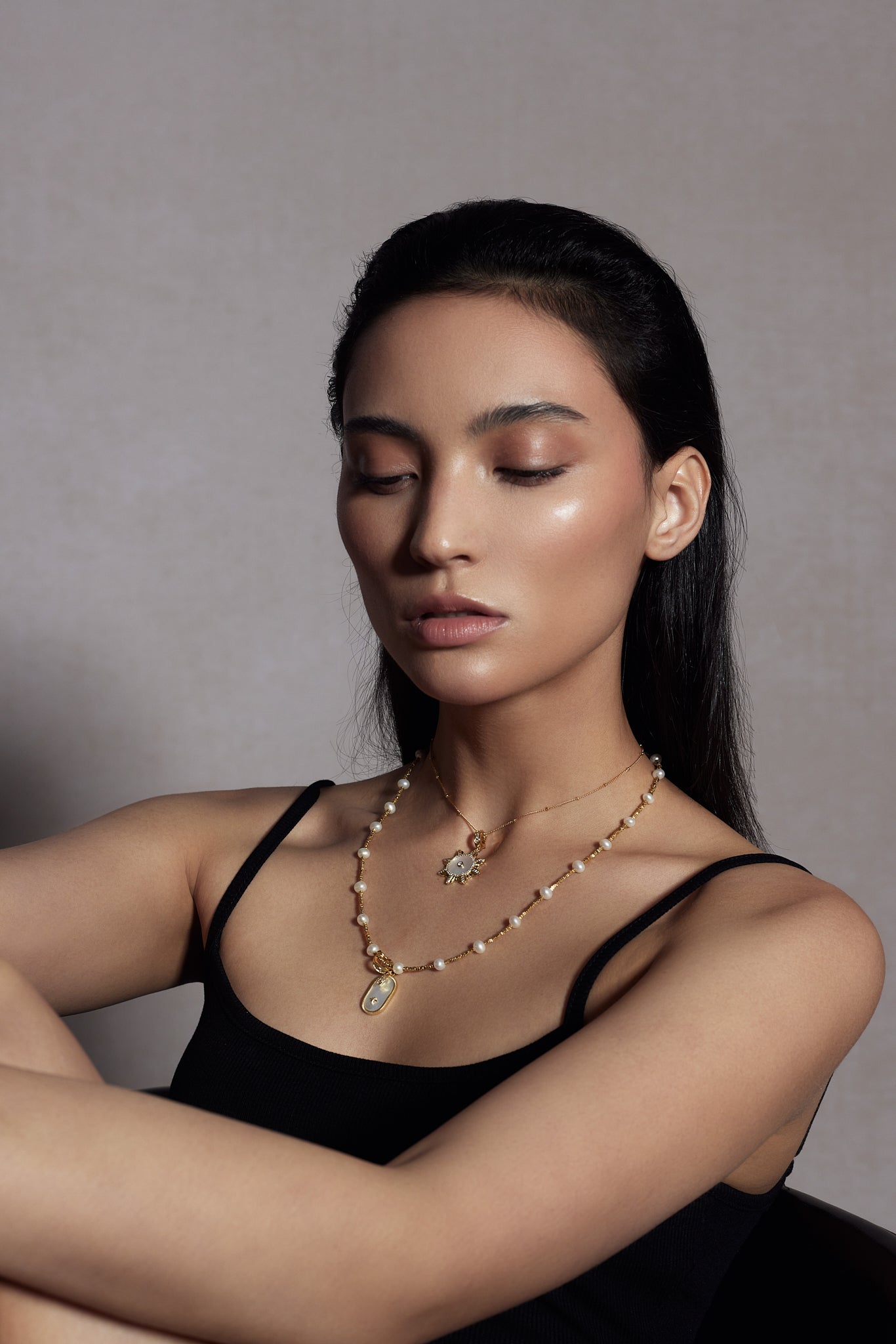Rhea Gold Dot Necklace styling on model - FREQNC atelier