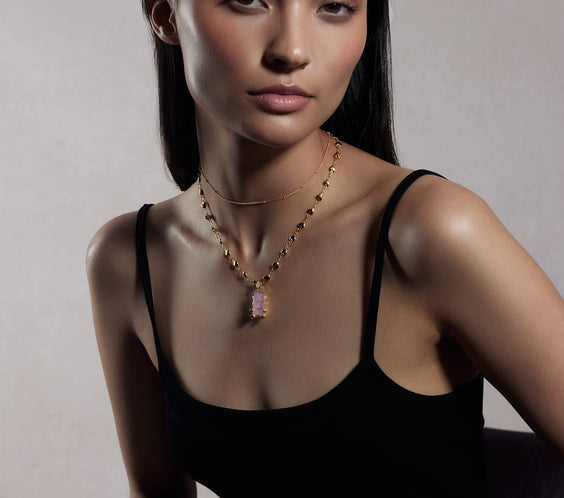 Rhea Gold Dot Necklace layering with pendant - FREQNC