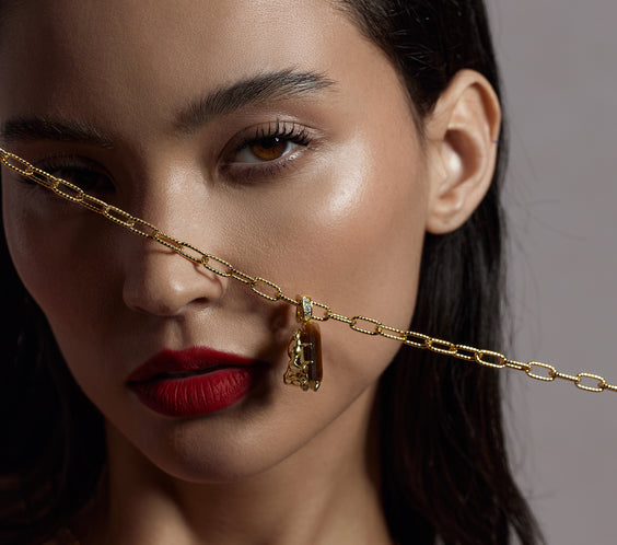 Baddie Buckle Necklace layered on model - FREQNC atelier