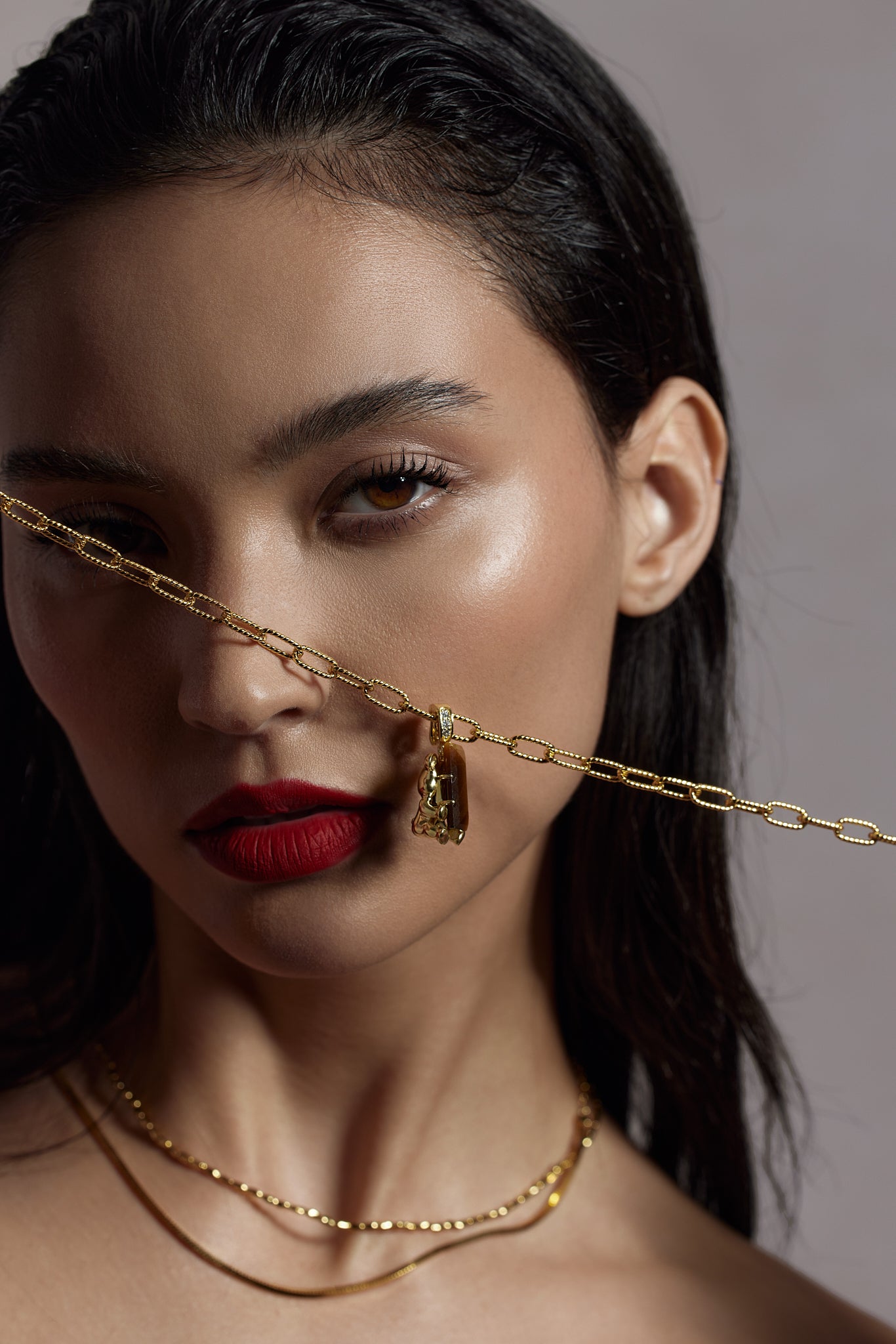 Baddie Buckle Necklace layered on model - FREQNC atelier