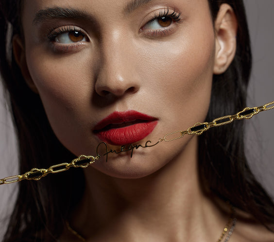 Apana Necklace worn on model as long necklace - FREQNC