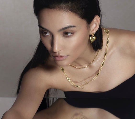 Amor Heart Drop Earrings worn on model - FREQNC
