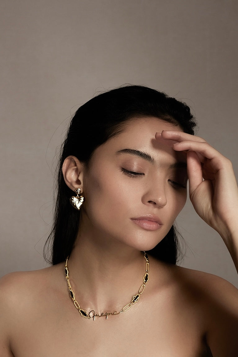 Amor Heart Drop Earrings on model close-up - FREQNC atelier