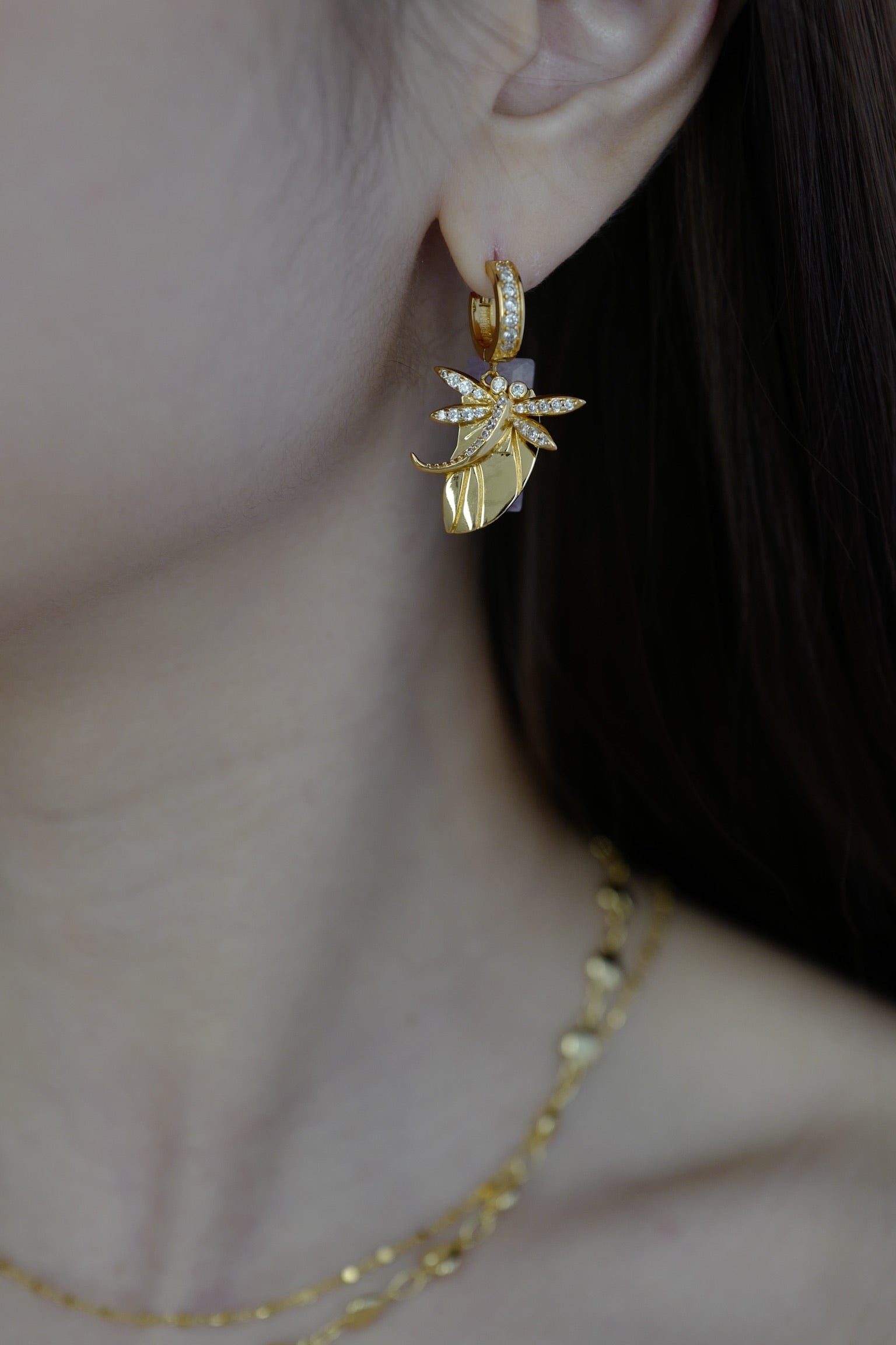 Gold Dragonfly Charm Earring worn on model - FREQNC spirit animal