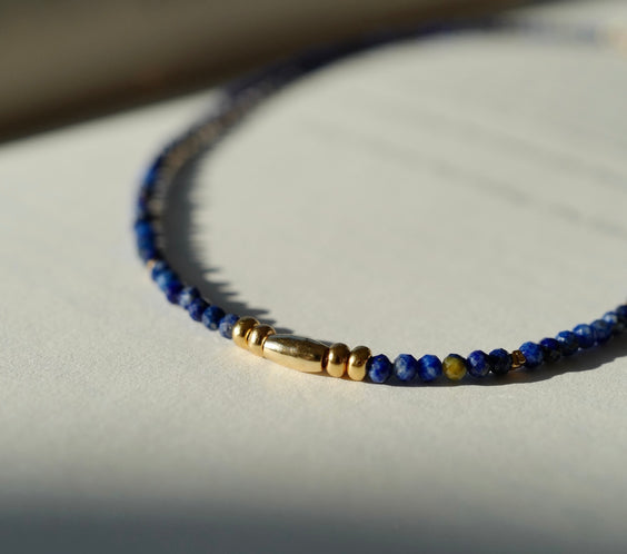 Lapis Lazuli Protection Necklace layered on model - FREQNC atelier