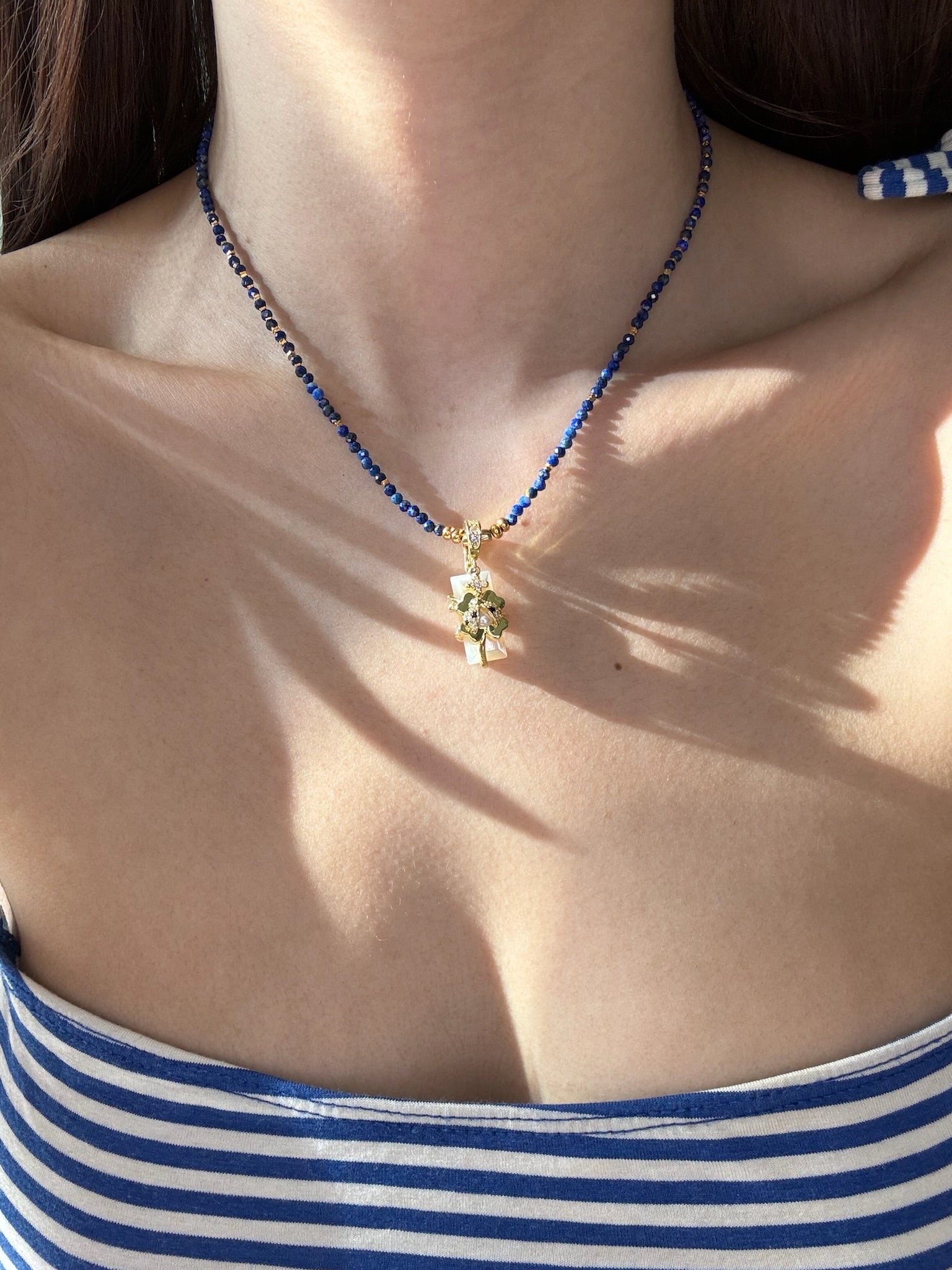 Lapis Lazuli Protection Necklace on model styling - FREQNC