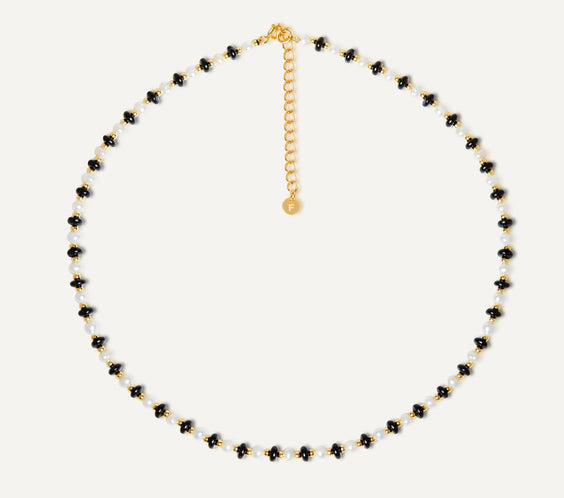 Cassie Black Onyx and Pearl Necklace natural stones sterling silver - FREQNC atelier