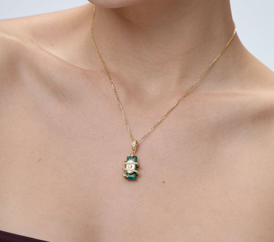 Serpent Charm pendant with malachite on 18K gold chain necklace - FREQNC spirit animal jewelry