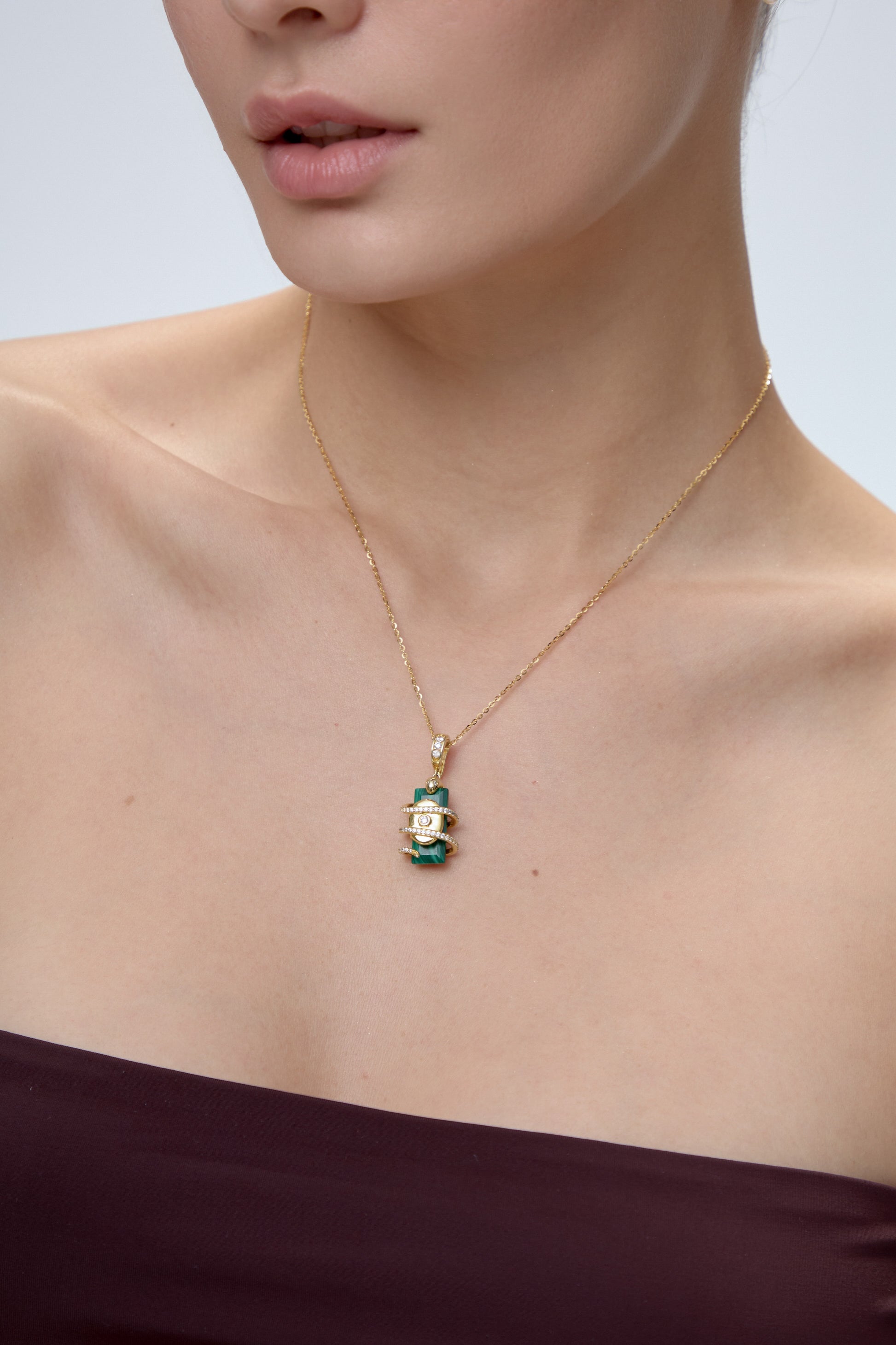 Serpent Charm pendant with malachite on 18K gold chain necklace - FREQNC spirit animal jewelry