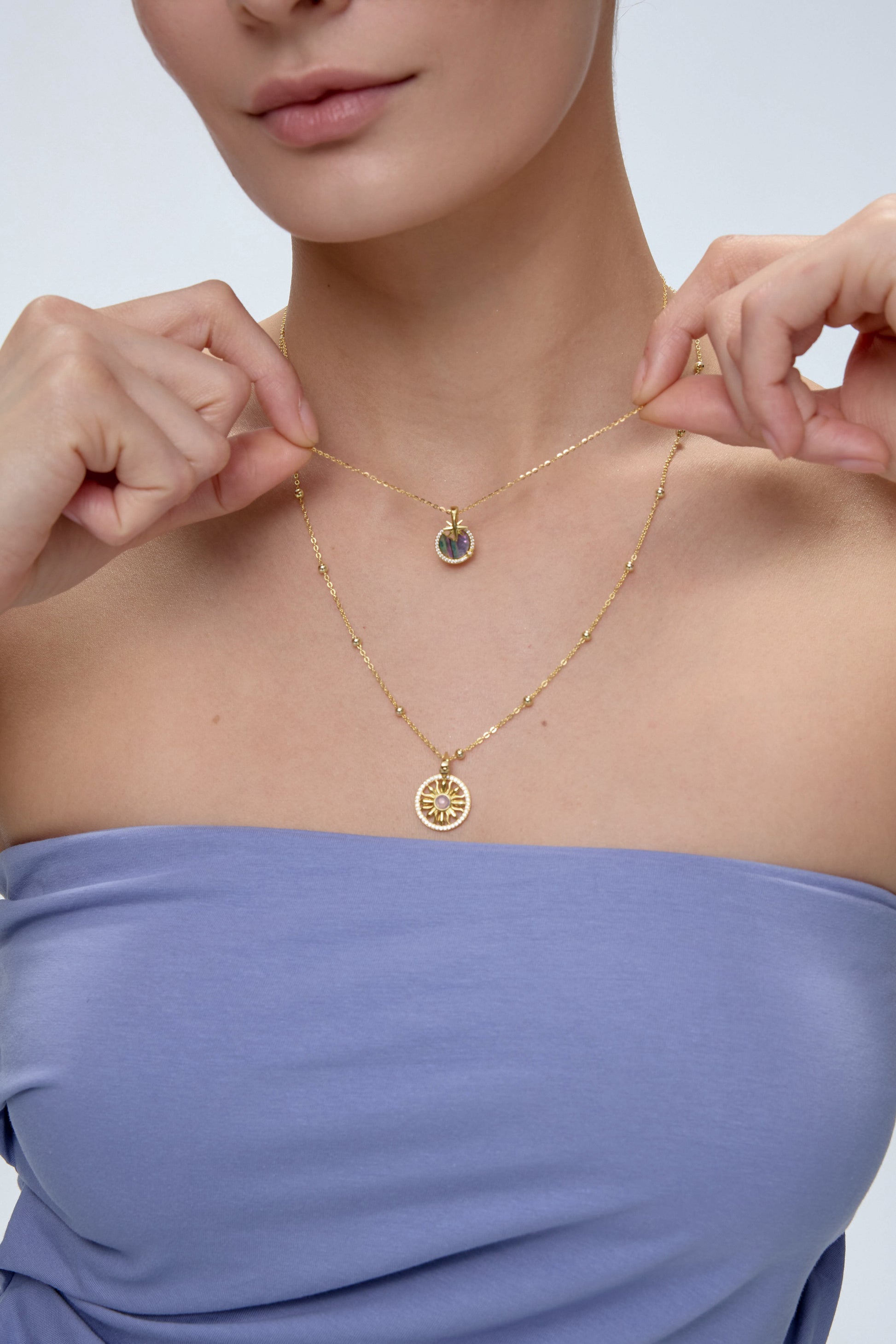 Rhea Flow Necklace layered with pendant on model - FREQNC atelier