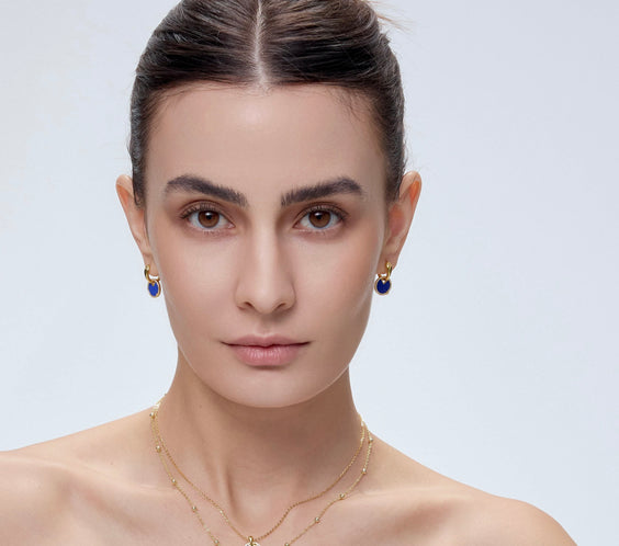 Star Earrings crystal disc detail on model - FREQNC
