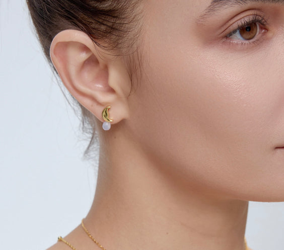 Moon Earrings worn on model - FREQNC