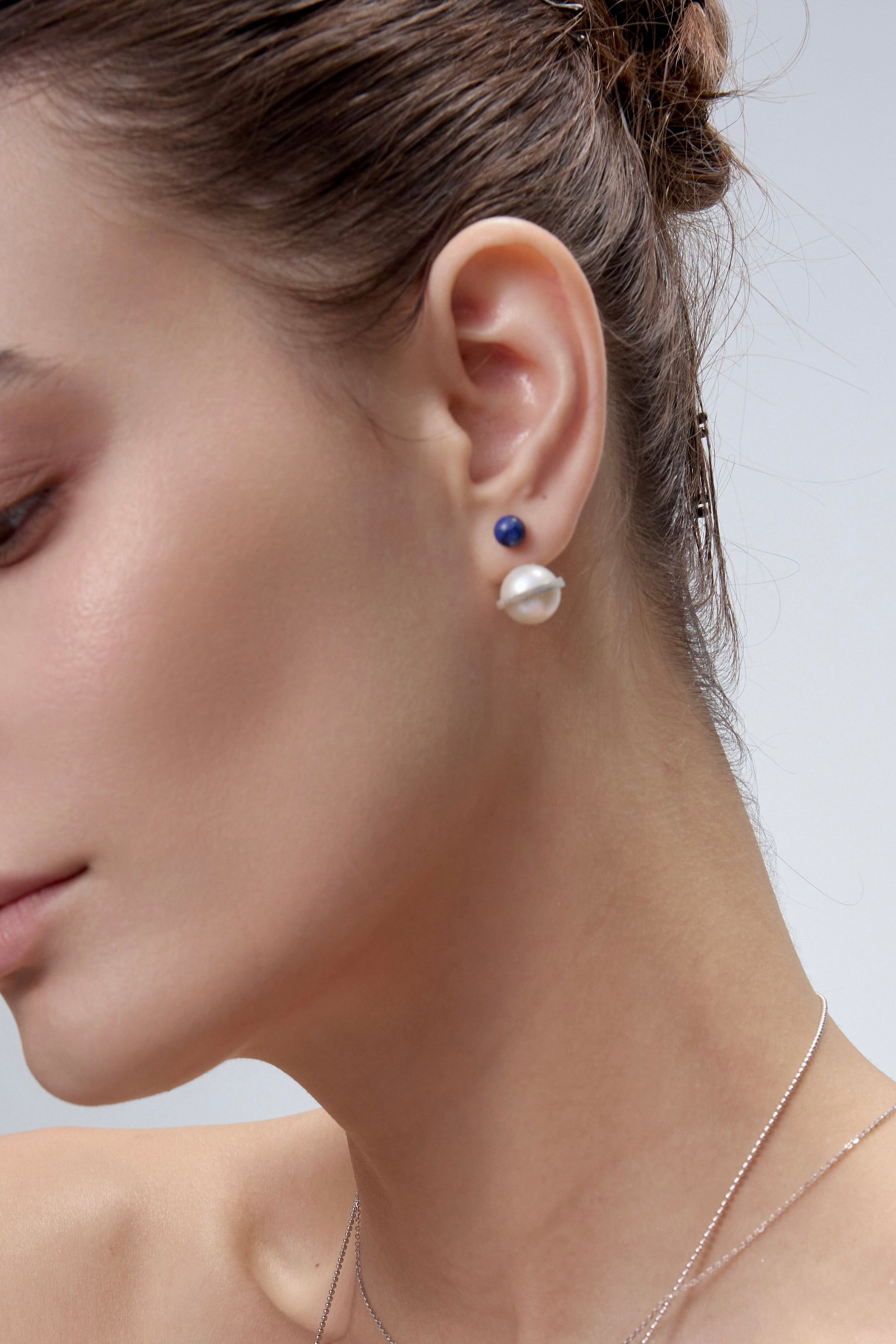 Orphic Cosmic Egg Earrings styling on model close-up - FREQNC atelier