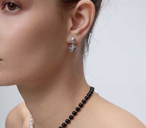 Orphic Egg Earrings worn on model - FREQNC