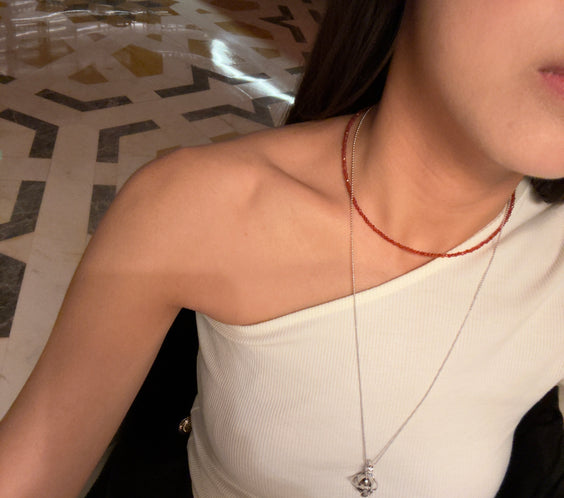 Cassie Red Agate String Necklace worn on model - FREQNC