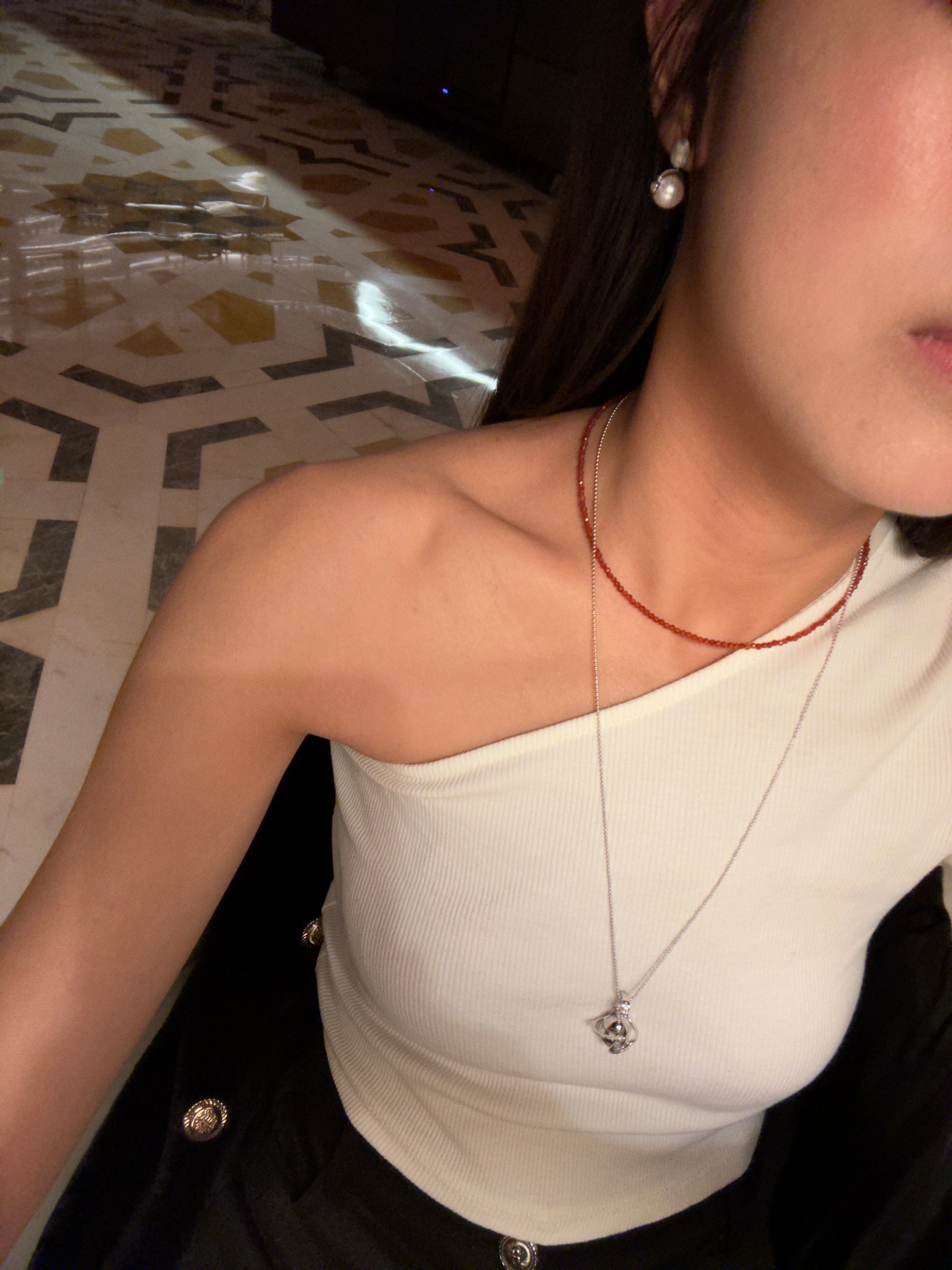 Cassie Red Agate String Necklace worn on model - FREQNC