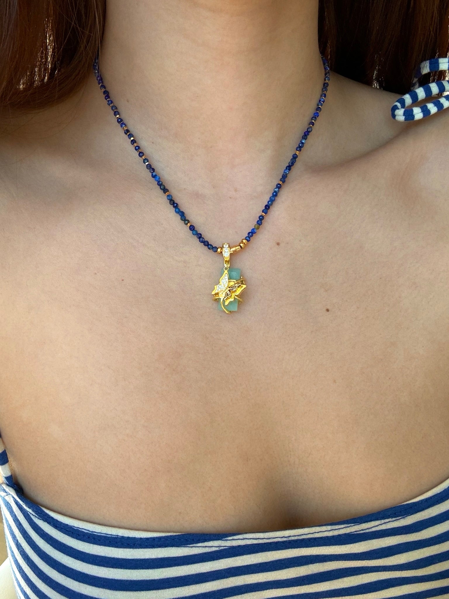Lapis Lazuli Protection Necklace worn on model - FREQNC atelier