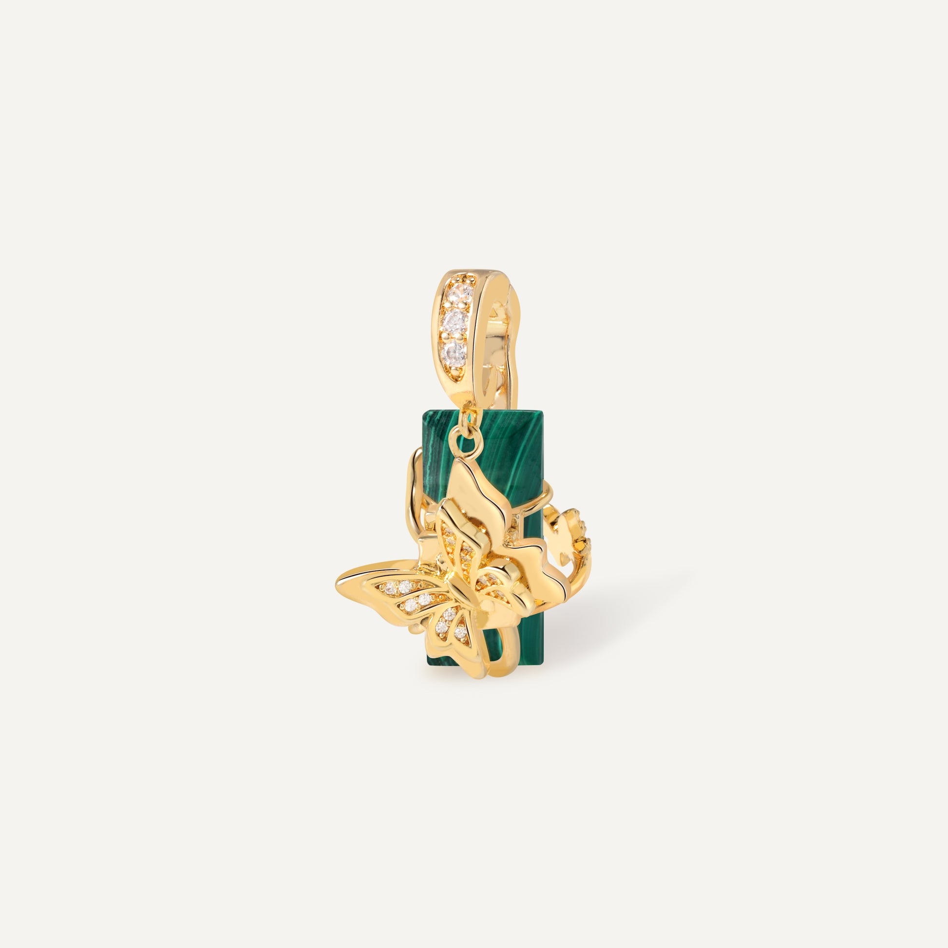 Twin Butterfly Charm with amazonite crystal close-up - FREQNC atelier