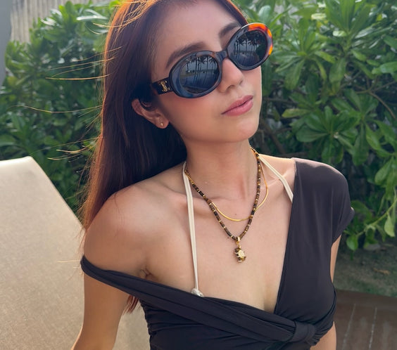 Cassie Tiger's Eye Necklace on model styling - FREQNC