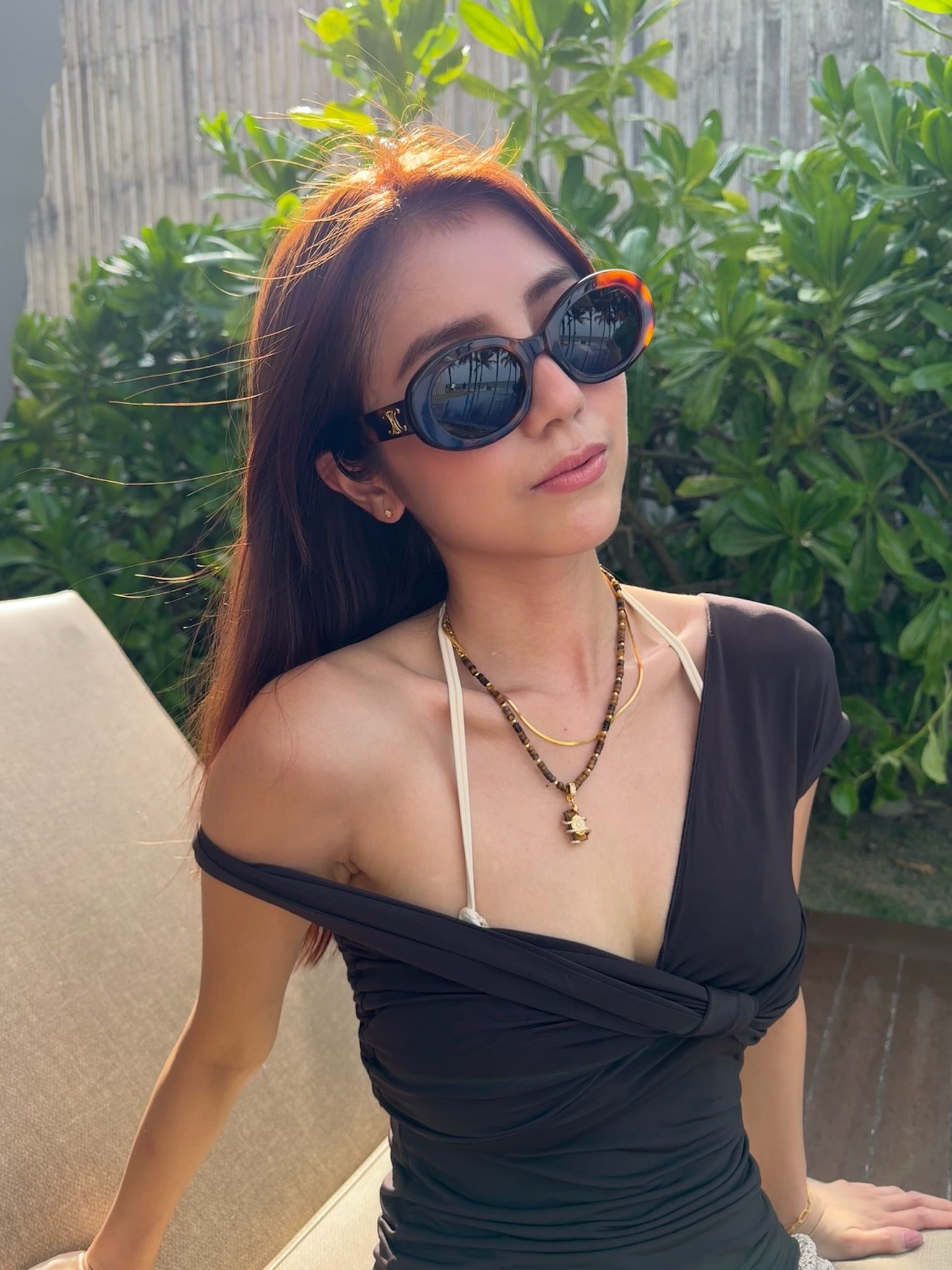 Cassie Tiger's Eye Necklace on model styling - FREQNC