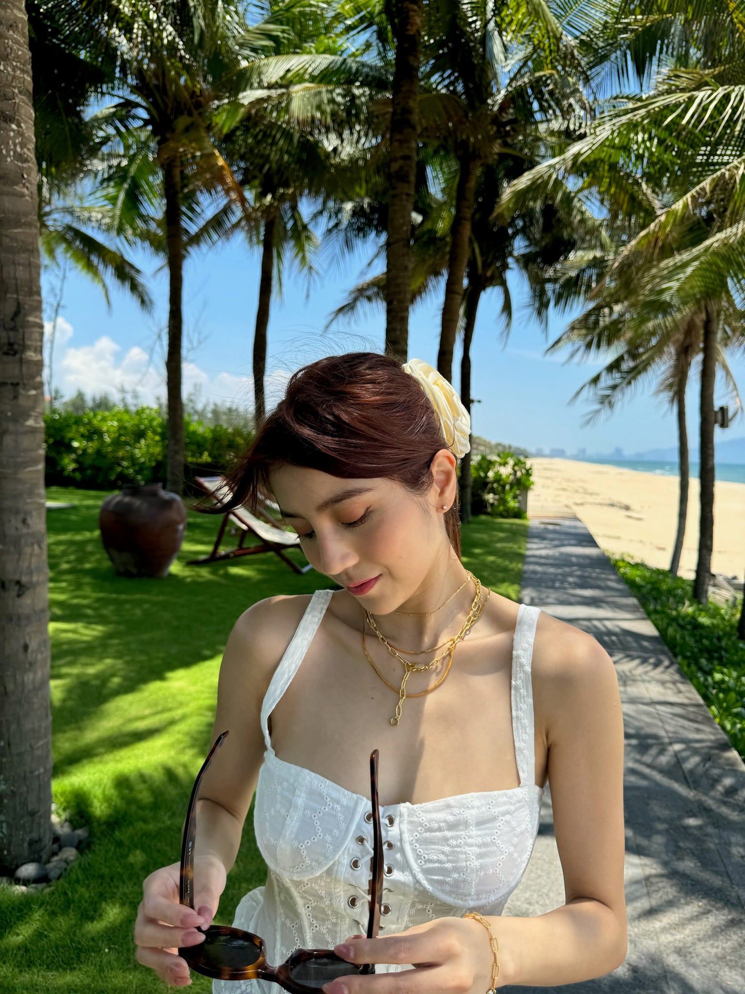 Baddie Buckle Necklace on model close-up styling - FREQNC