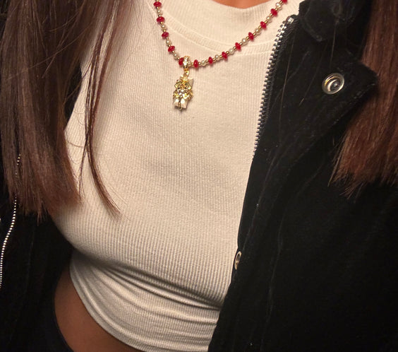 Cassie Carnelian and Pearl Necklace styling on model - FREQNC