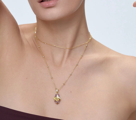 Twin Butterfly Charm pendant with lavender amethyst on 18K gold layered necklace - FREQNC spirit animal jewelry