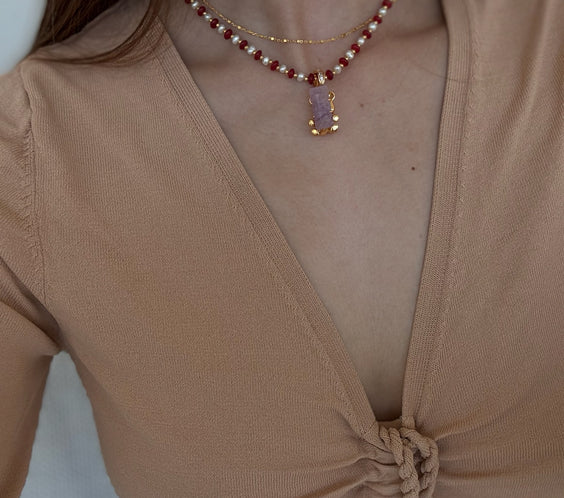 Cassie Carnelian and Pearl Necklace close-up detail - FREQNC