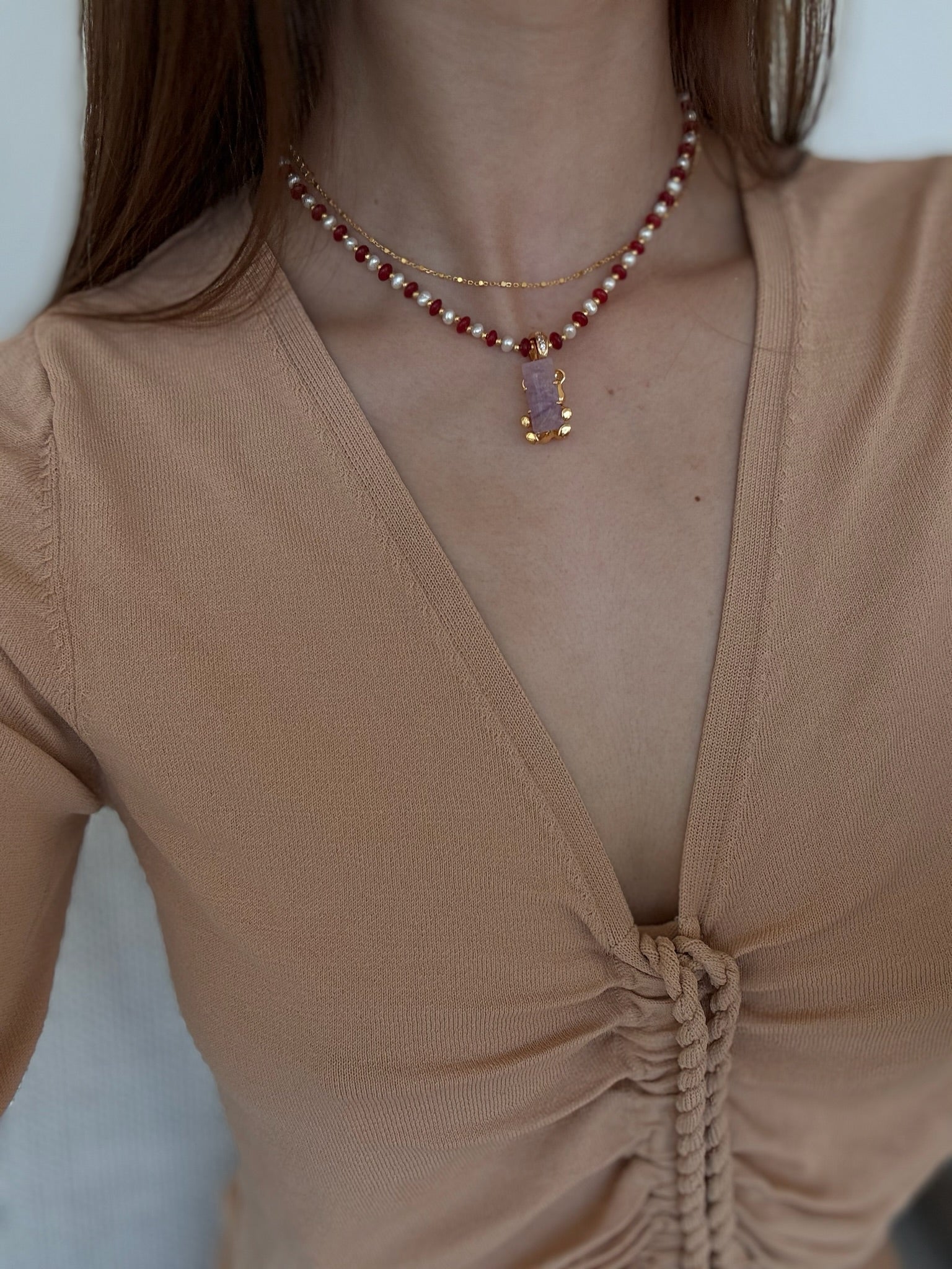 Cassie Carnelian and Pearl Necklace close-up detail - FREQNC