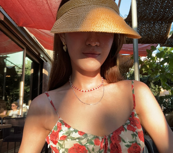 Cassie Carnelian and Pearl Necklace worn on model - FREQNC atelier