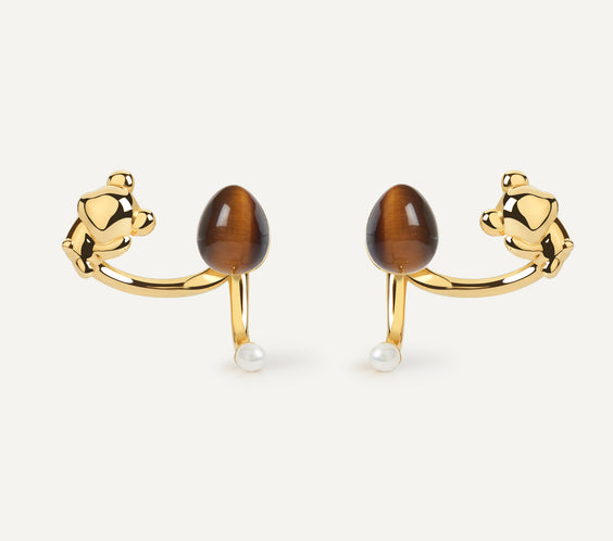 Cuddly Bear Earrings ear jacket with tiger's eye crystal and pearl - FREQNC atelier