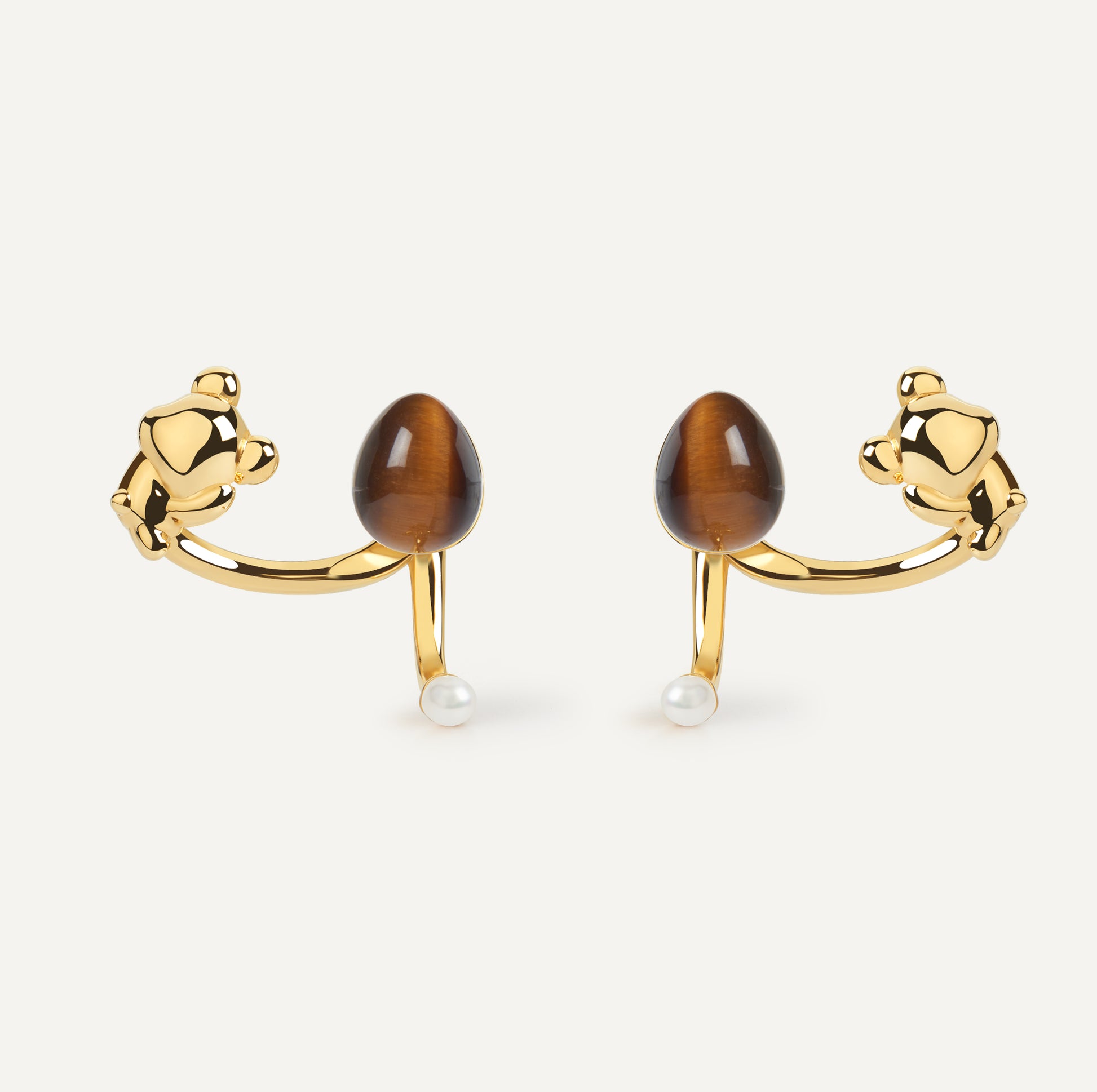 Cuddly Bear Earrings ear jacket with tiger's eye crystal and pearl - FREQNC atelier