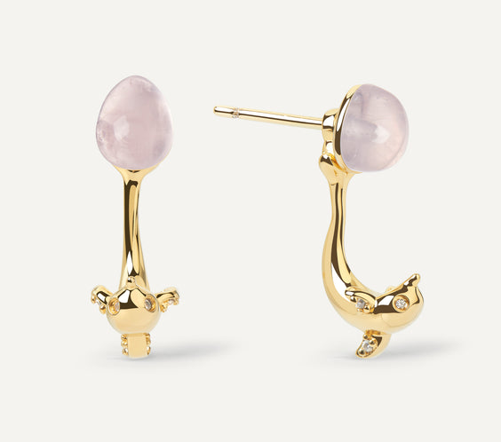 Dolphin Earrings ear jacket with rose quartz crystal sterling silver - FREQNC atelier
