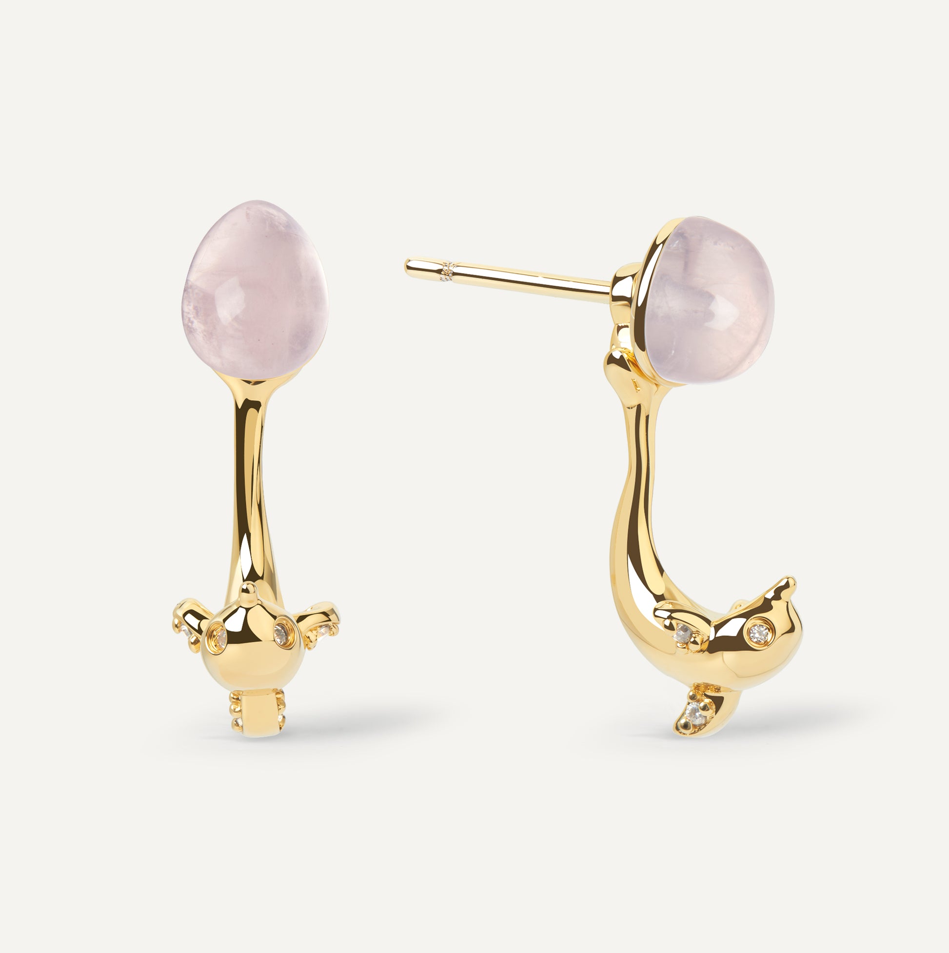 Dolphin Earrings ear jacket with rose quartz crystal sterling silver - FREQNC atelier