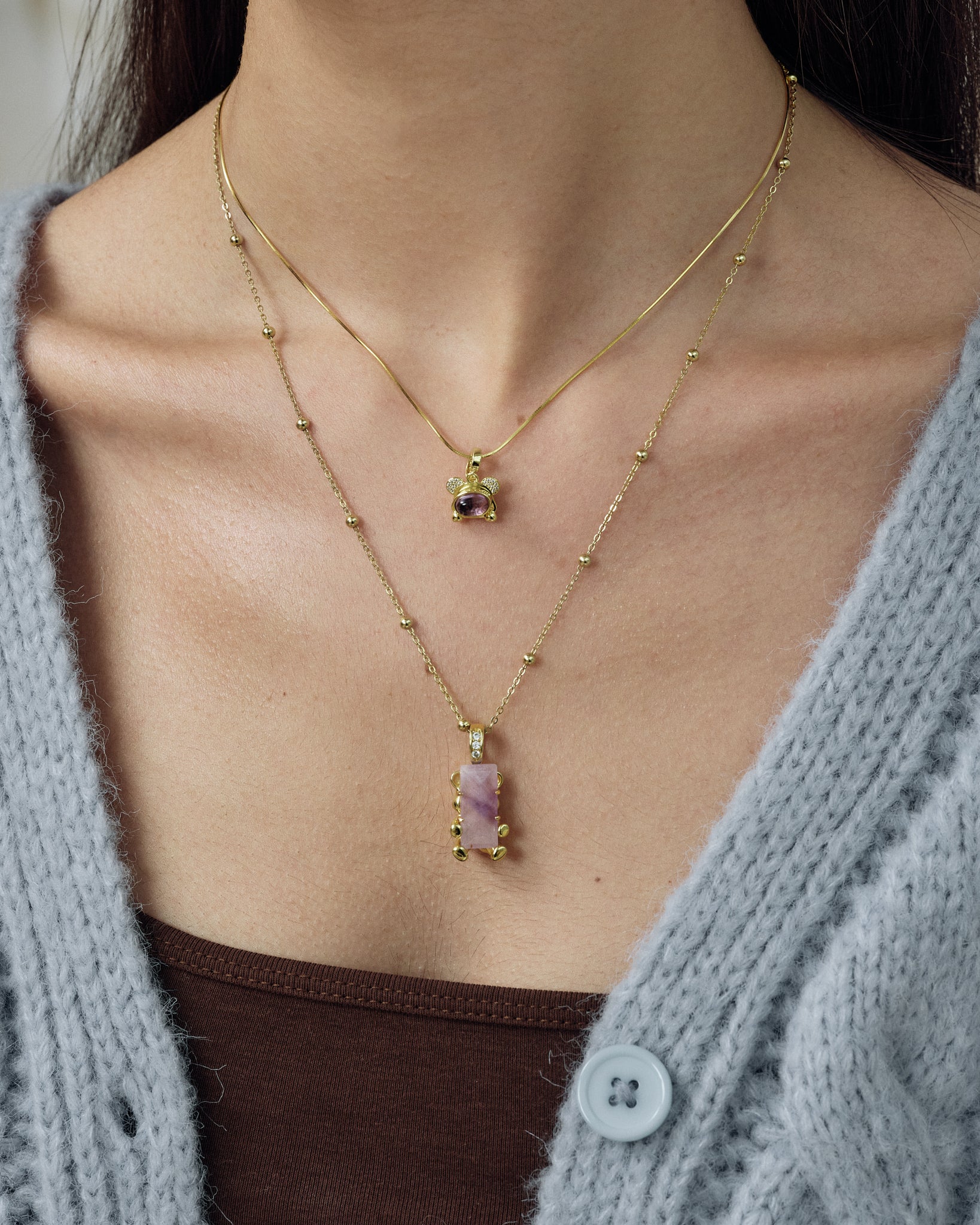 Mini Cuddly Bear Charm worn on model detail - FREQNC atelier
