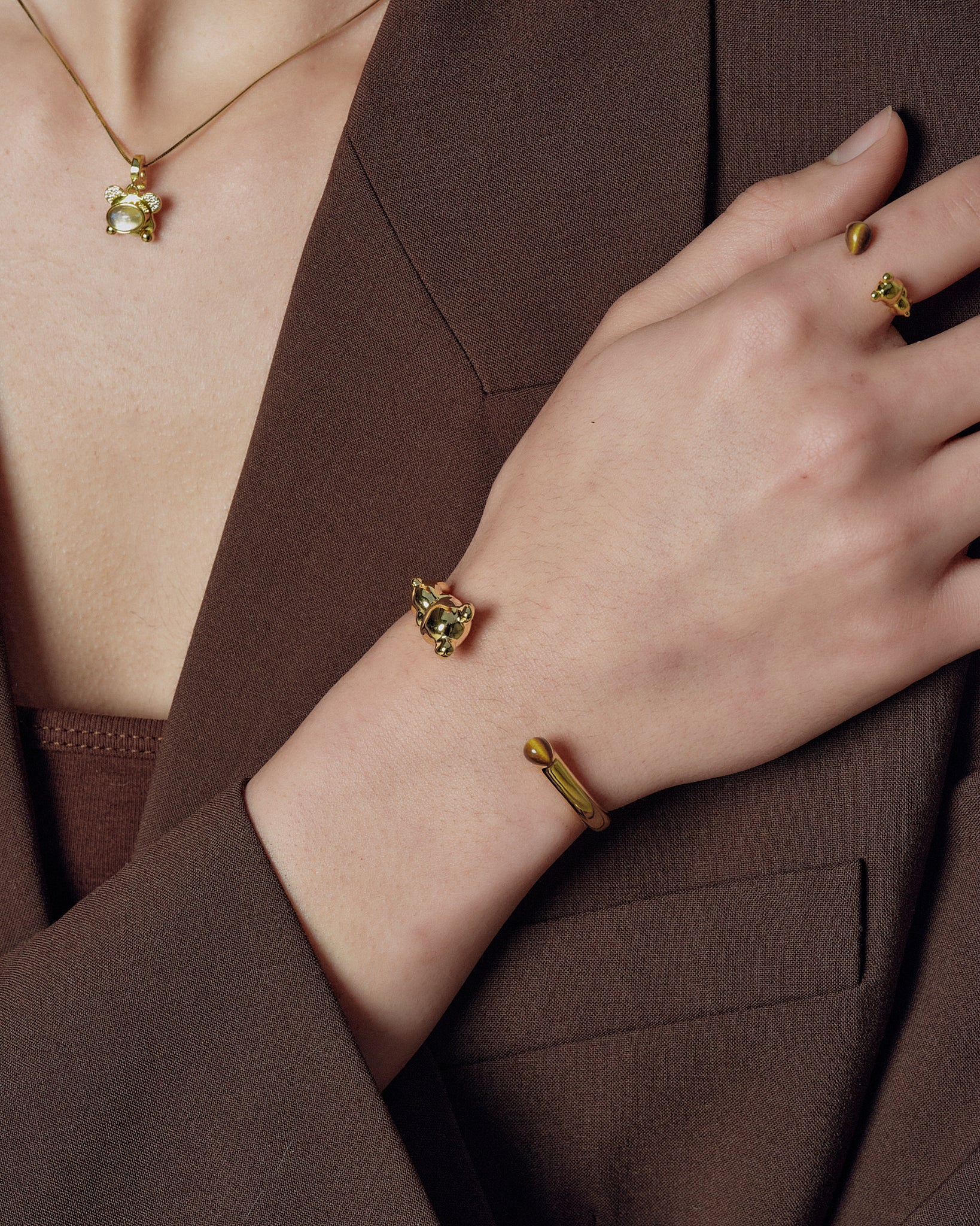 Cuddly Bear Bangle cuff on model wrist styling - FREQNC atelier