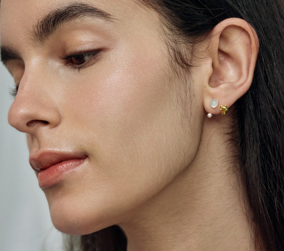 Cuddly Bear Earrings worn on model close-up - FREQNC spirit animal