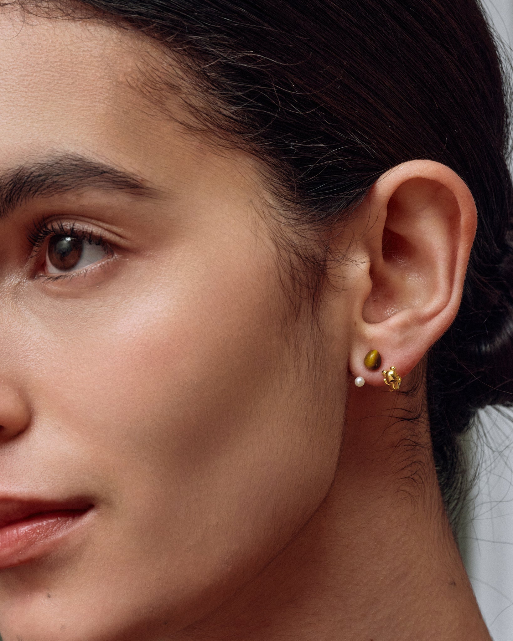 Cuddly Bear Earrings ear jacket on model styling - FREQNC atelier