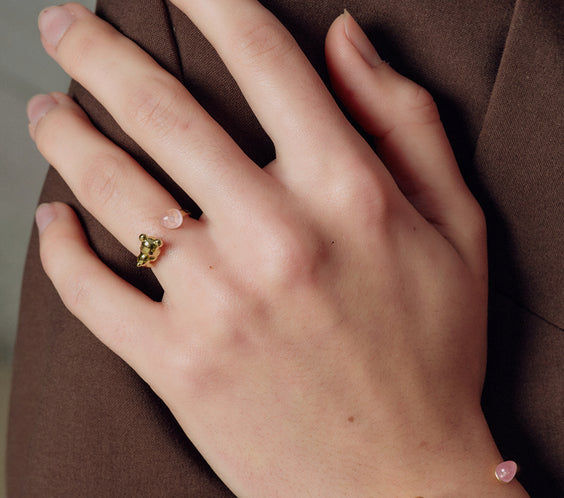Cuddly Bear Ring detail on model finger - FREQNC atelier