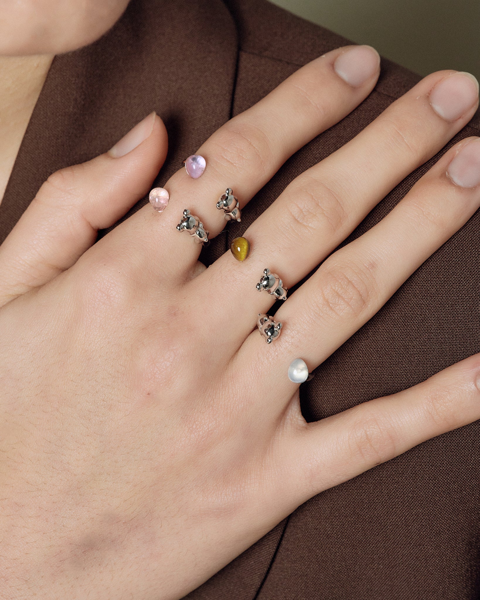 Cuddly Bear Ring worn on model close-up - FREQNC spirit animal