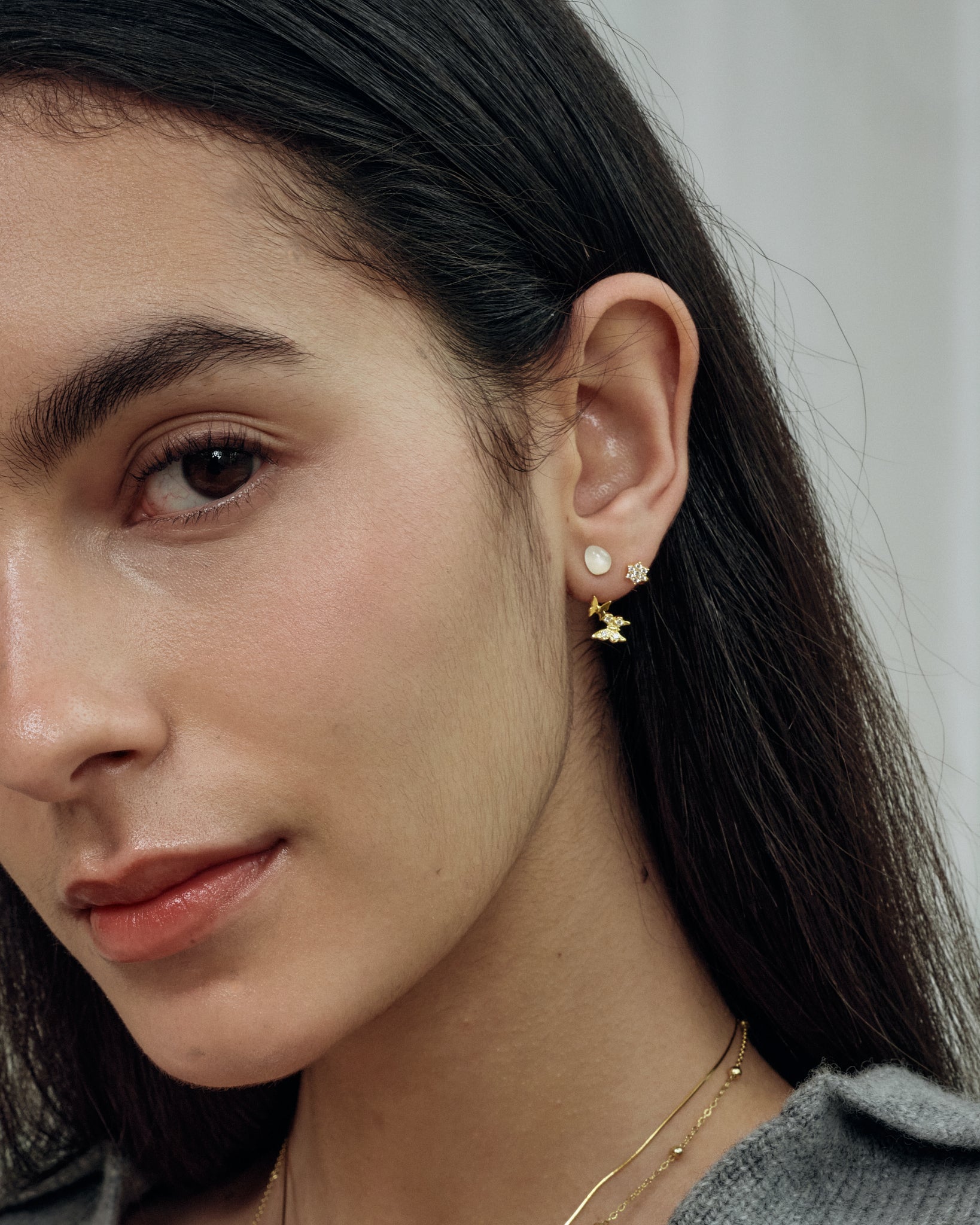 Butterfly Earrings worn on model close-up - FREQNC spirit animal
