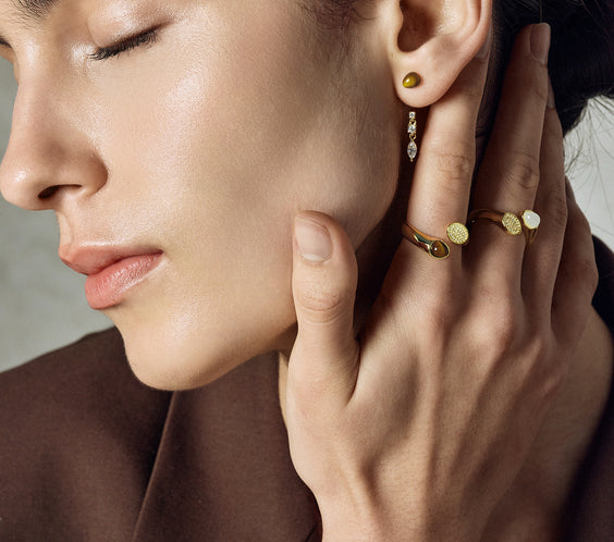 Serpent Earrings ear jacket with zircon chain on model - FREQNC atelier