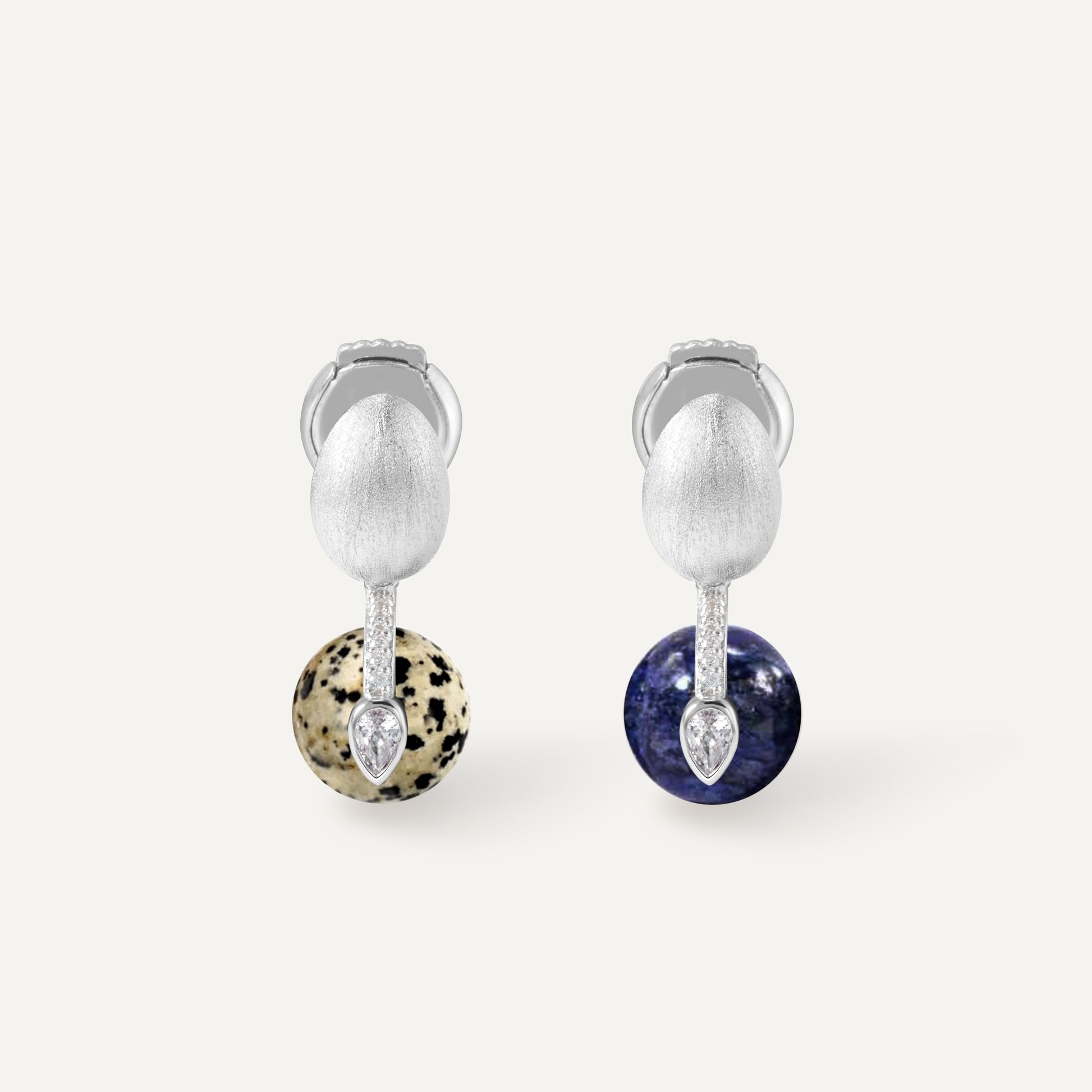Orphic Egg Earrings dalmatian jasper and lapis lazuli variant - FREQNC